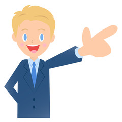 手前を指差すビジネスマン、男性会社員のイラスト素材