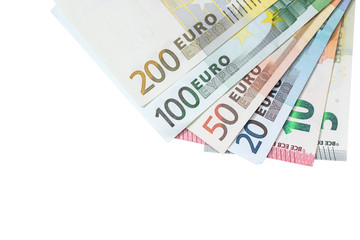 5, 10, 20, 50, 100, 200 euro bills isolated on white