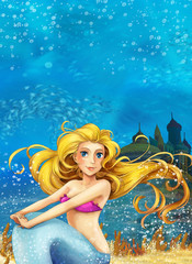 Obraz na płótnie Canvas Cartoon ocean and the mermaid with underwater castle in the background - illustration for children