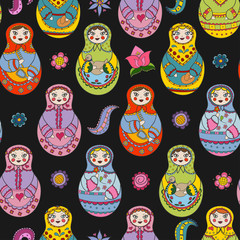 Vector seamless pattern with russian Matryoshka dolls and floral elements