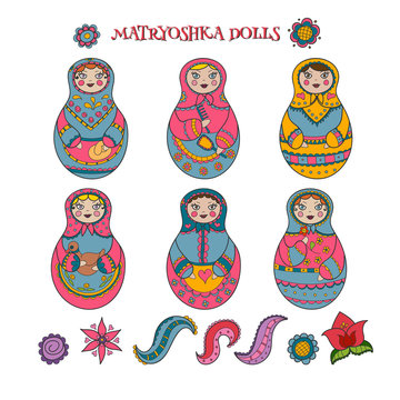 Collection of six hand drawn matryoshka dolls and decorative elements