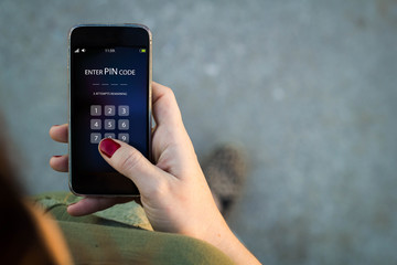 Woman walking smartphone interface pin code