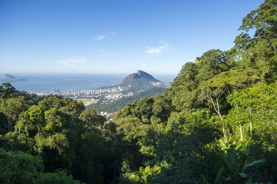 View of the dramatic natural skyline from the surrounding jungle greenery at the Vista Chinesa scenic overlook in Rio de Janeiro, Brazil