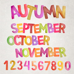 Autumn season vector hand drawn colorfull watercolor names