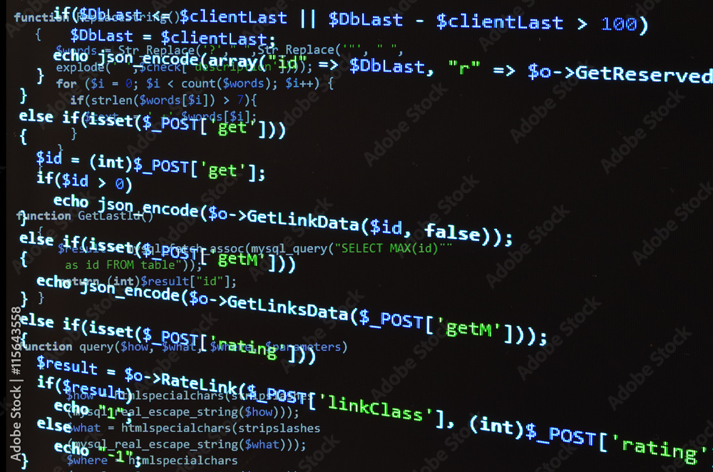 Wall mural php code on black screen, blue text