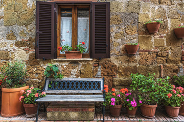 Fototapeta na wymiar Flower filled streets of the old Italian city in Tuscany.