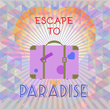 Abstract summer time infographic, escape to paradise text, a big heart and suitcase, Digital vector image