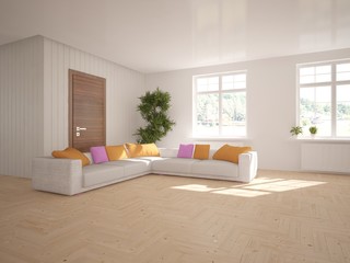 white interior design with sofa. Scandinavian style