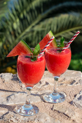 Watermelon smoothie on summer holidays by the sea.