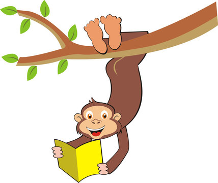 cartoon vector monkey reads a book