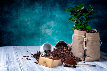 Ground coffee with coffe plants and cup