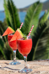 Watermelon smoothie on summer holidays by the sea.