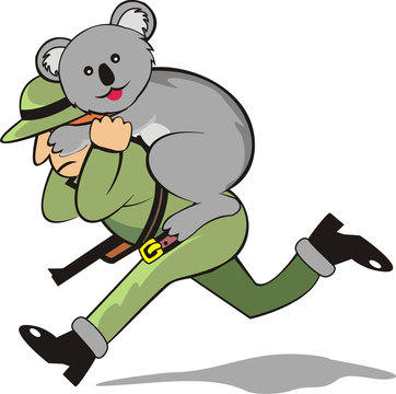 cartoon vector hunter and koala on his back