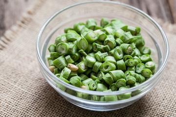 Yardlong bean in bowl on the wooden background