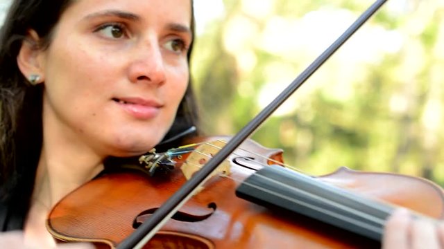 young attractive happy woman plays on the violin in the park - she looks around - enjoy - sunny day