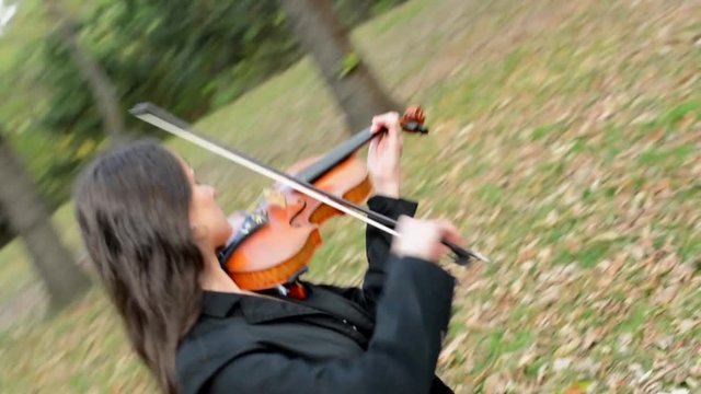 young attractive smile woman plays on the violin in the park - camera rotate around