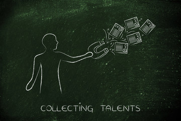 person attracting resumes with magnet, recruitment concept
