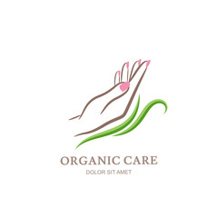 Womens hand in green leaves. Abstract design concept for beauty salon, manicure, cosmetic, organic care and spa. Vector logo design template.