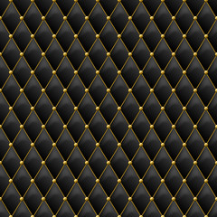 Seamless black leather texture with gold metal details. Vector leather background with golden buttons. Luxury textile design, interior and furniture decoration concept.