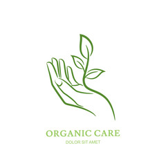 Womens hand with green plant and leaves. Vector logo, label, emblem design elements. Abstract concept for beauty salon, manicure, cosmetic, organic care and spa. Female elegant hand silhouette. 