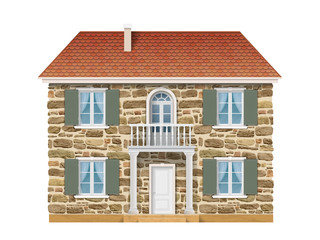 Old country house with a stone wall, white windows and balcony. Traditional facade of the European house. Vector detailed architectural illustration.
