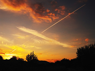 beautiful sky at sunset in Ceske stredohori region near the Lovosice city with a line from the...