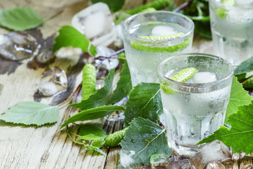 Birch icy vodka, selective focus