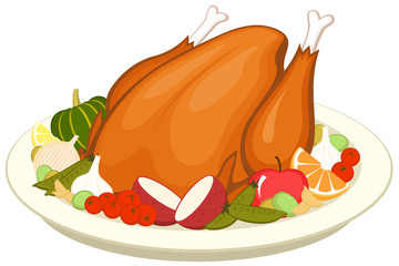 Vector illustration of a cooked turkey on a platter with various vegetables and fruit.