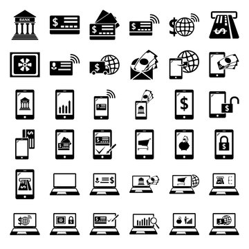 E-Banking. Mobile banking icons set. Pay by mobile. E-commerce. simple icon set on background