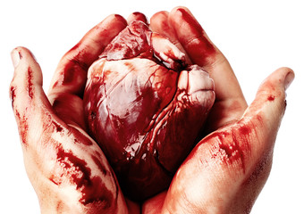 Big bloody heart in male hands