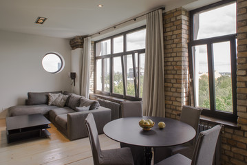 Contemporary interior studio, kitchen, lounge. Modern interior i