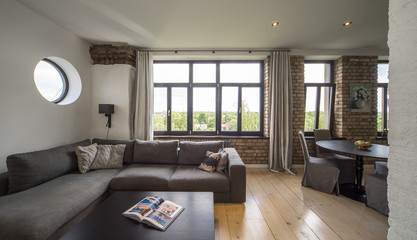 Contemporary interior studio, kitchen, lounge. Modern interior in private flat.