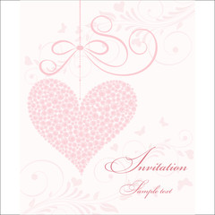 Wedding Invitation card with pink hearts and roses