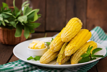 Boiled corn with salt and butter on a white plate