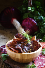 Chips from the dried meat, selective focus