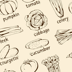 Seamless vector pattern with hand drawn vegetables and text