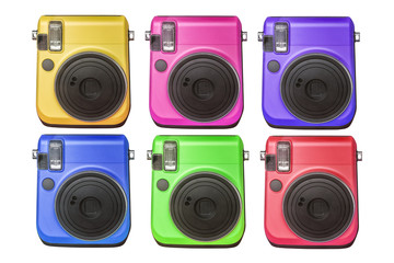 compact digital cameras of various colors isolated on white background