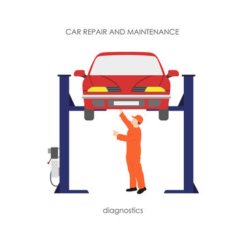 Mechanic produces vehicle diagnostics. The car on the lifting ra