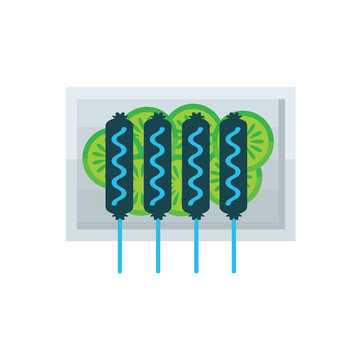 Sausages cartoon icon and salad blue color tone