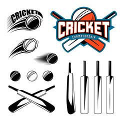 Set of cricket sports template logo elements - ball, bat. Use as icons, badges, label designs or print. Vector illustration sport championship