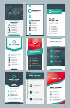 Set of modern vertical business card print templates. Personal visiting card with company logo. Clean flat design. Vector illustration