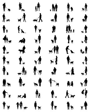 Black silhouettes of people with dogs, vector