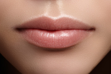 Perfect natural lip makeup. Close up macro photo with beautiful female mouth. Plump full lips....