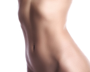 Fototapeta na wymiar Beatiful body shapes. Slim waist, flat belly, soft clean skin. Perfect female body on white background. Sexy curves, sport form. Healthcare