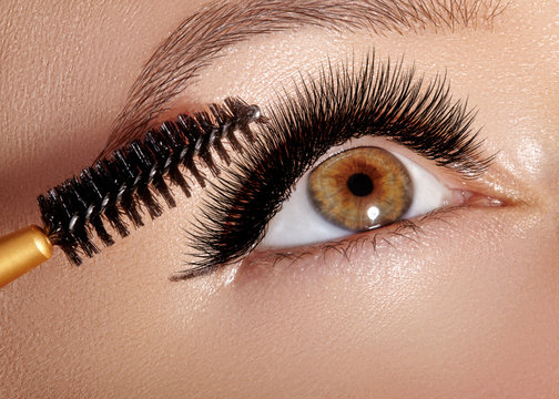 Closeup photo of beautiful female eye with extreme long lash. Mascara applying closeup. Black mascara brush. Eyes make-up apply. Sexy eyelashes makeup.

