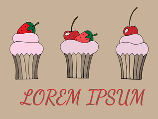 Different cartoon cupcake with strawberry and cherry