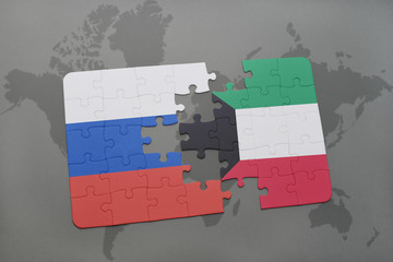 puzzle with the national flag of russia and kuwait on a world map background.