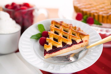 Vertical slice of mixed berry pie tart cake dessert sweet treat