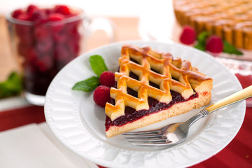Lifestyle shot of a raspberry fruit pie organic natural ingredients fresh homemade dessert