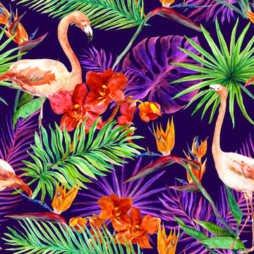 Tropical Exotic Leaves, Orchid Flowers, Neon Light. Seamless Pattern. Watercolor